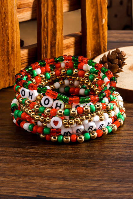 Pulseira multicamadas com contas HO HO HO MERRY vermelho fogo