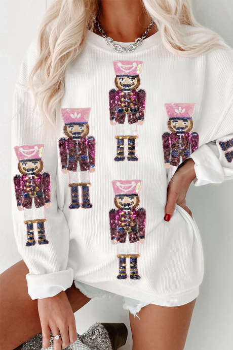 Sudadera navideña con cordón y estampado de Cascanueces con lentejuelas blancas LC25319047-P1