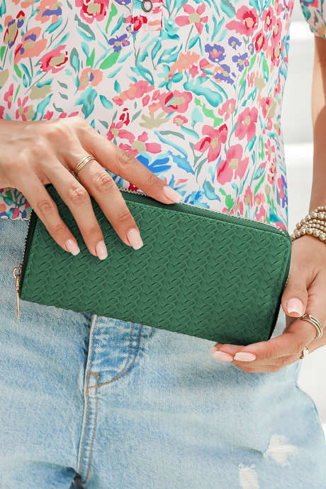 Zwartgroene geweven textuur rits rondom lange portemonnee