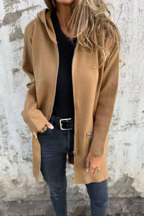 Cappotto casual con cappuccio e cerniera, tinta unita, beige chiaro francese