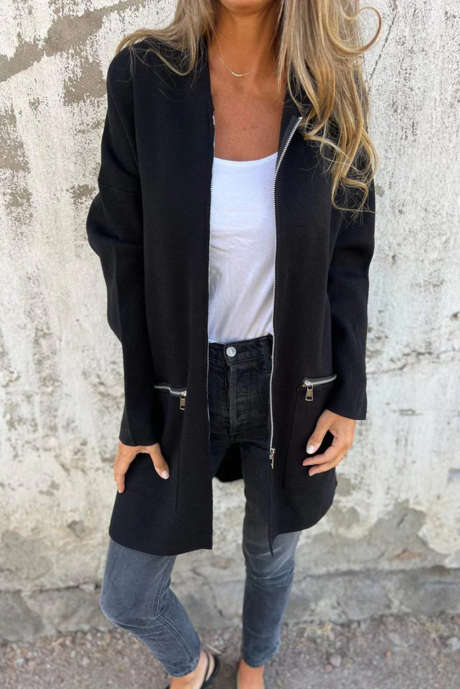 Cappotto con cappuccio e cerniera casual tinta unita nero