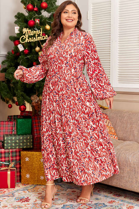 Красный плюс размер Платье макси с абстрактным принтом и V-образным вырезом с высокой талией