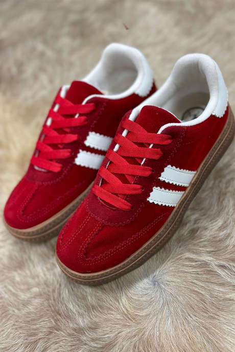 Zapatos planos con cordones y diseño de patchwork de rayas vintage en rojo intenso BH023640-P3