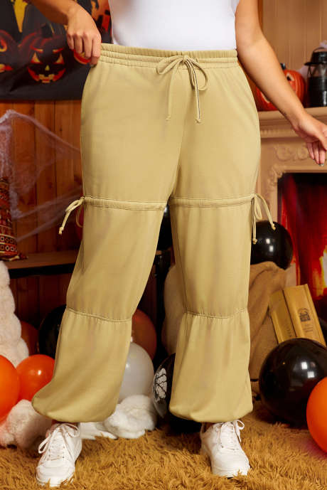 Pantalon taille haute à bande ajustée avec cordon de serrage beige