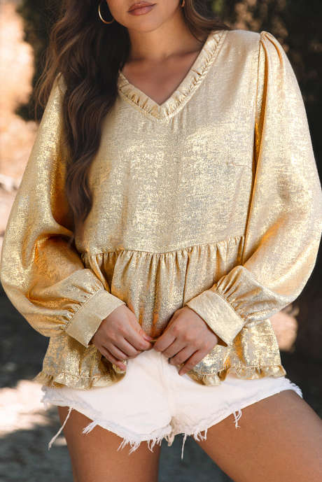 Dearlovers Gold Metallic Frilled V Neck Puff Sleeve Babydoll Blouse