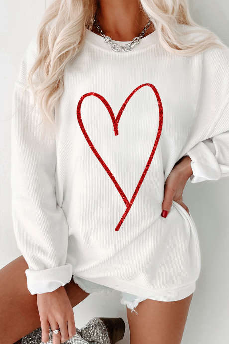 Weißer Pullover mit Kordel und glitzerndem Herz-Print zum Valentinstag LC25319156-P1