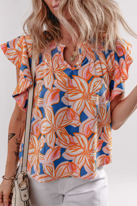 Blusa laranja com estampa de flores de verão, decote entalhado e mangas com babados
