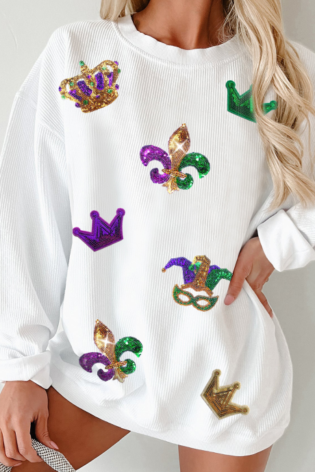 Sweat-shirt à cordon avec patch et symbole de Mardi Gras à sequins blancs