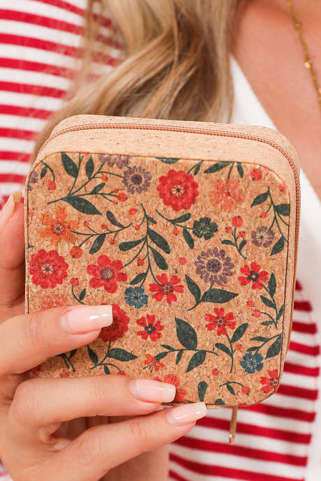 Joyero portátil cuadrado con estampado floral retro en color camello BH062052-P1016