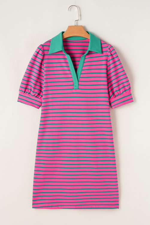 $9.1 Pink Stripe Collared V Neck Puff Sleeve T Shirt Dress Wholesale $9.1 Pink Stripe Collared V Neck Puff Sleeve T Shirt Dress Wholesale