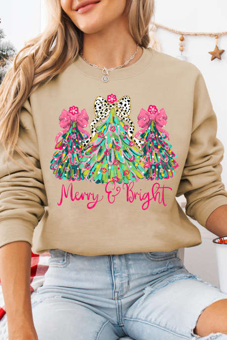 Sweat-shirt kaki à imprimé sapin de Noël joyeux et lumineux