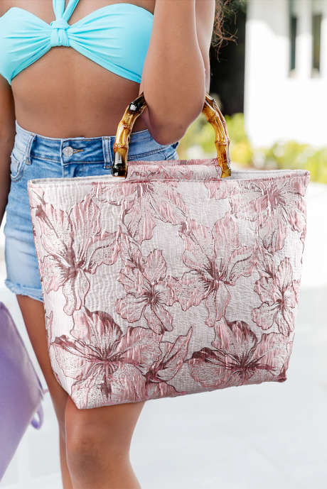 Lichtroze bloemen canvas tas met bamboe handvat