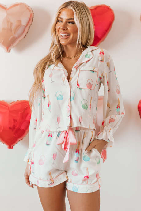 Conjunto de pijama de duas peças com estampa de copo de vinho de Natal branco LC151149-P120