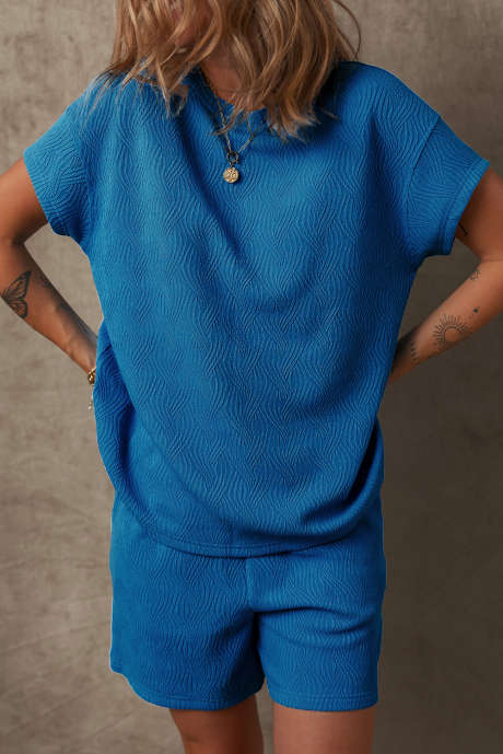 Conjunto curto de gola redonda texturizado sólido azulado LC626619-P105