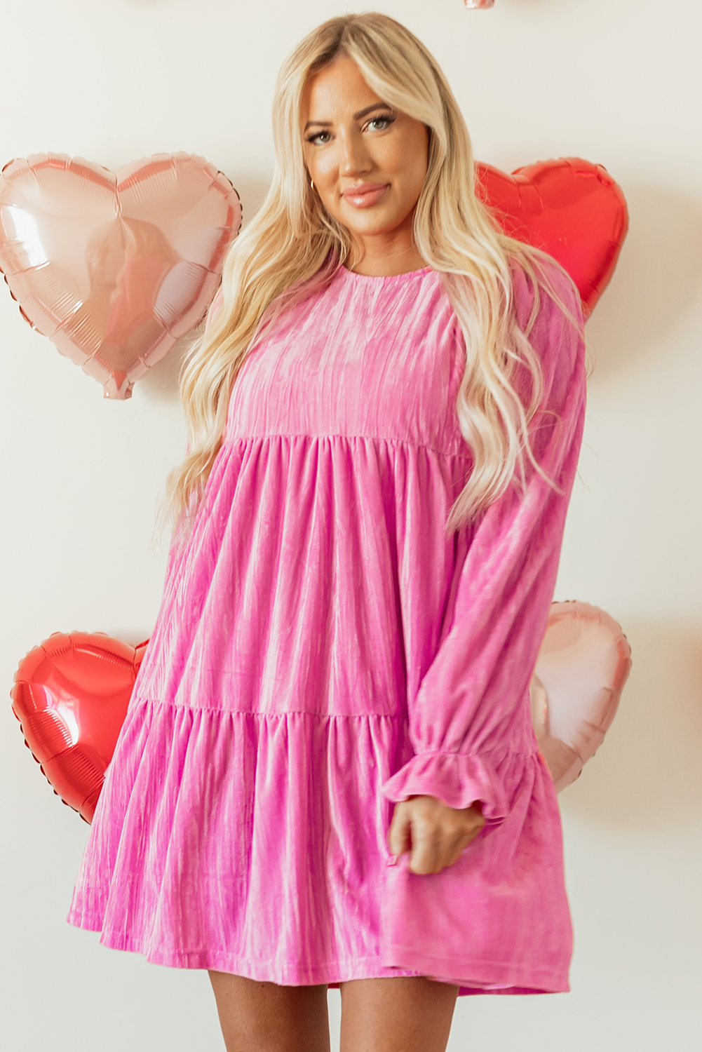 $12.3 Strawberry Pink Flounce Sleeve Tiered Ruffled Velvet