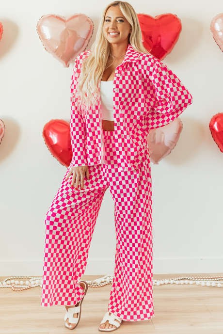 Roze geruite pyjamaset met overhemd en broek met hoge taille