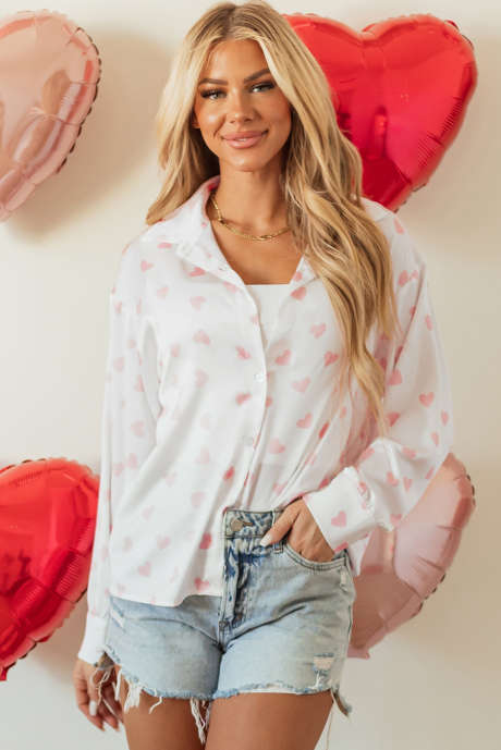 White Love Heart Print Drop Shoulder Buff Sleeve Shirt LC2555677-P1