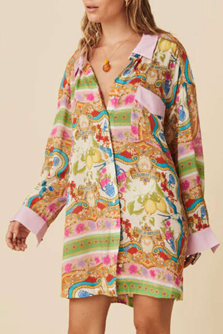 Robe chemise boutonnée à manches longues et imprimé floral multicolore style bohème LC6122626-P22