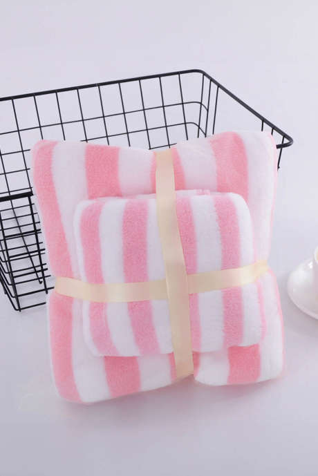 Ensemble de serviettes de bain en peluche à rayures roses BH05966-P10