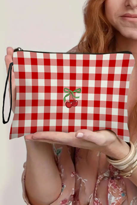 Borsa per il trucco in tela con cerniera e stampa a quadri rosso ciliegia