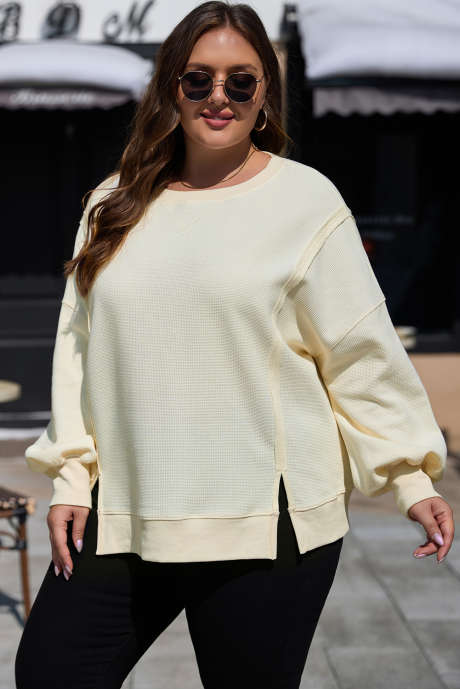 Felpa con spalle cadenti in maglia a nido d'ape, tinta unita, bianca, taglie forti PL25128307-P101