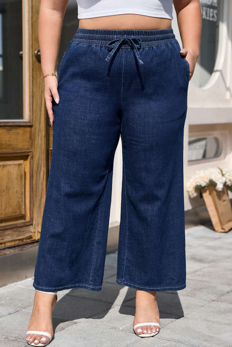 Jean décontracté à jambe large et taille haute avec cordon de serrage, couleur bleu sarcelle véritable, grande taille