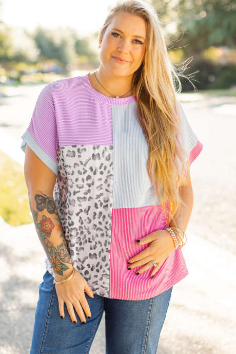 T-shirt en tricot côtelé patchwork à blocs de couleurs léopard rouge rose grande taille
