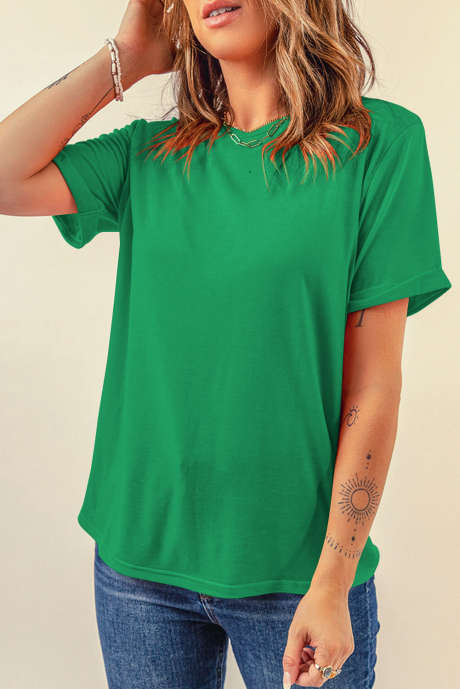 Camiseta informal lisa de cuello redondo en color verde brillante LC25224551-P109