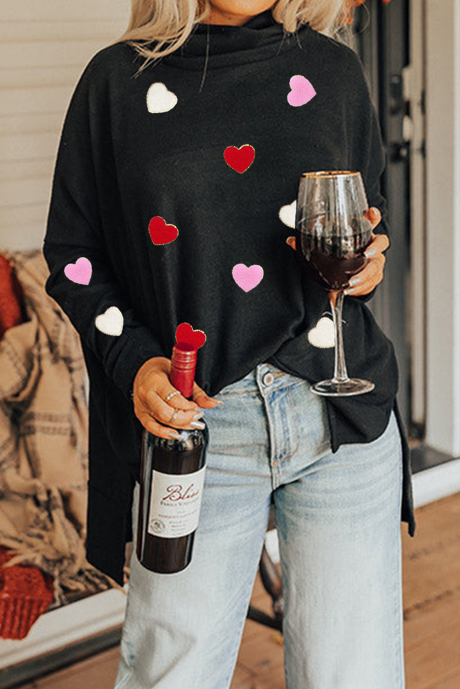 Black Valentines Chenille Heart Patched Dolman Mâneci Decolteu Înalt Top Split