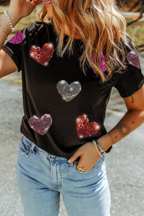 Black Sequin Heart Patched Pattern Crewneck Valentines Tee LC25227985-2