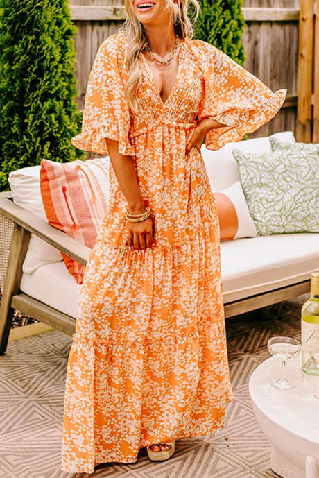 Robe longue à manches larges et col en V à imprimé floral orange