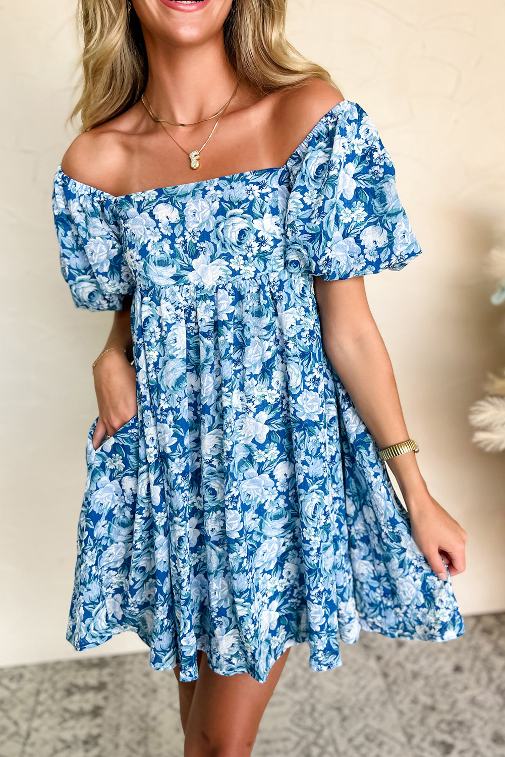 $9.25 Blue Floral Puff Sleeve Babydoll Mini Dress Wholesale