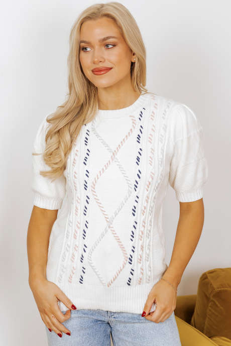 Suéter de manga corta con detalle de puntadas multicolor en punto trenzado blanco LC277518-P1
