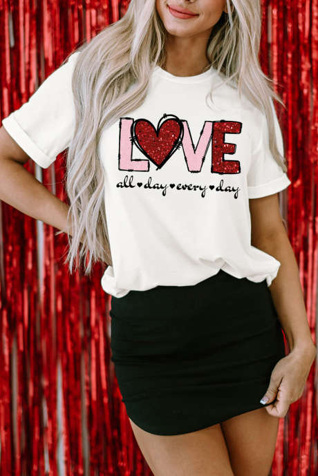 Hvit Valentine LOVE Heart Shape Crew Neck Grafisk T-skjorte
