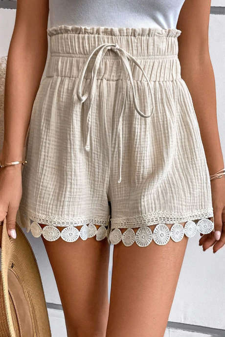 Aprikos Textured Frilled Knotted High Waist Lace Hem Shorts