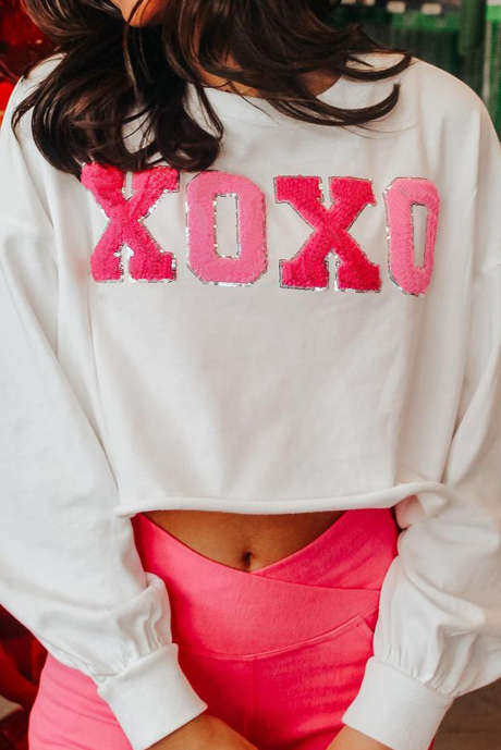 Sweat-shirt blanc à imprimé chenille XOXO pour la Saint-Valentin