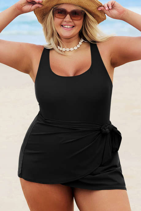 Schwarzer, einfarbiger, eckiger Ausschnitt mit Knotendetail und einteiliger Badeanzug in Übergröße