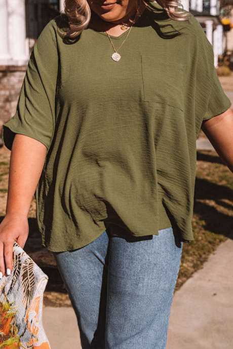 Four Leaf Clover Textured Half Sleeve V Neck Plus Size T Shirt with Chest Pocket