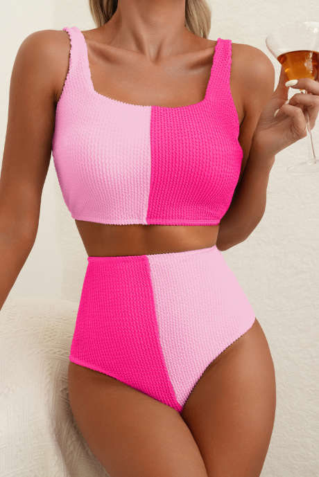 Pink Corded Colorblock Square Neck Bikini Swimsuit