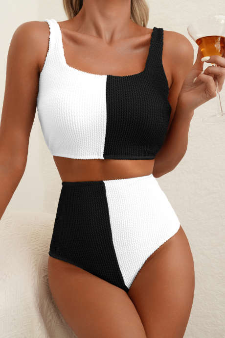 Maillot de bain bikini à col carré, colorblock noir, cordon LC434460-P202
