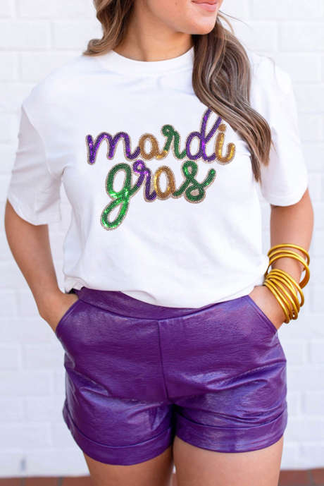 T-shirt graphique à paillettes blanches Mardi Gras