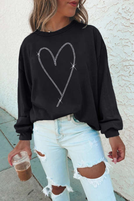 Moletom com estampa de coração de strass preto para namorados
