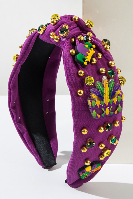 ティランジア パープル マルディグラ ラインストーン ビーズ 結び目 ワイド ヘッドバンド
