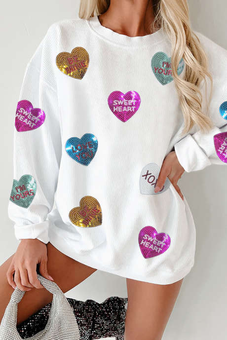 Vit Valentines Slogan Heart Paljett Corded Baggy Sweatshirt