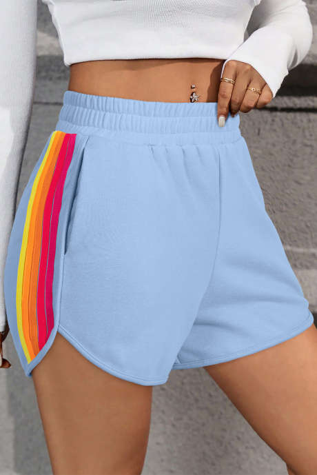 Beau Blue Color Block Stripes Elastiska aktiva shorts med hög midja