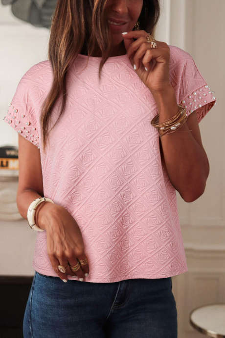 Light Pink Pearl Embellished Flower Textured T Shirt