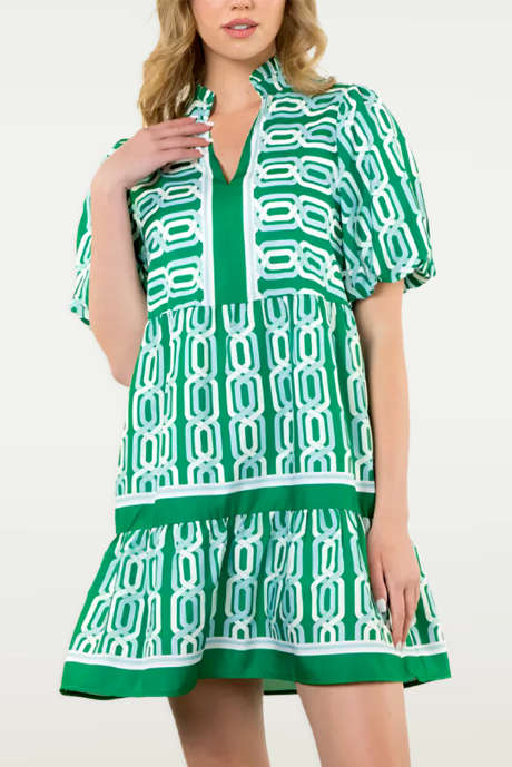 Bright Green Abstract Patterned V Neck Puff Short Sleeve Mini Dress