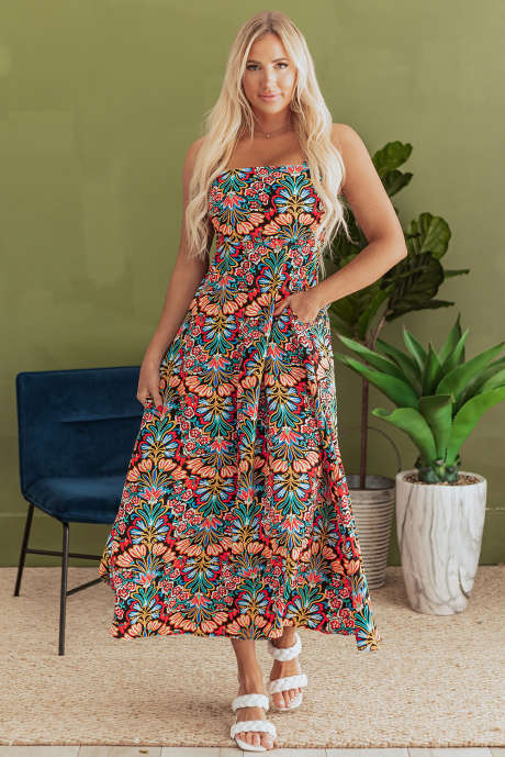 Vestido largo de talle alto sin mangas con tirantes finos y estampado floral bohemio negro LC6122426-P220