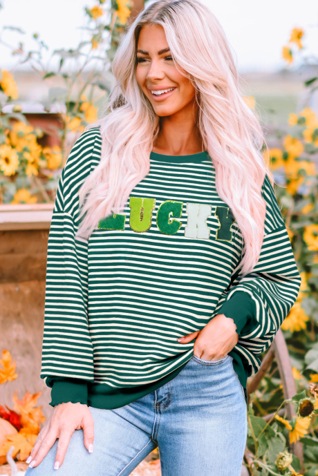 Bluză cu mânecă lungă St Patrick cu model petic LUCKY cu dungi verzi