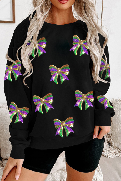 Černá flitrová mikina Mardi Gras Bow Graphic Drop Rameno Pullover LC25319347-2